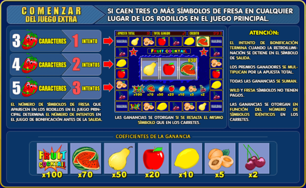 Juego Extra de Fruit Cocktail Para comenzar un juego adicional, los jugadores deben obtener 3, 4 o 5 símbolos de fresa, que les otorgarán 1, 2 o 3 intentos respectivamente. La ronda de bonificación concluye cuando el área resaltada se detiene en el símbolo de Salida. Las ganancias se multiplican por la apuesta total y se otorgan cuando el símbolo resaltado coincide con uno de los carretes. Los símbolos de comodín y fresa no generan pagos. La sección inferior presenta los multiplicadores de pago de los diferentes símbolos, siendo el símbolo Fruit Cocktail el que proporciona el multiplicador más alto de x100.